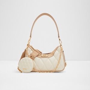 ALDO Cream Quilted Shoulder Bag with Coin Pouch Gold Chain Accent